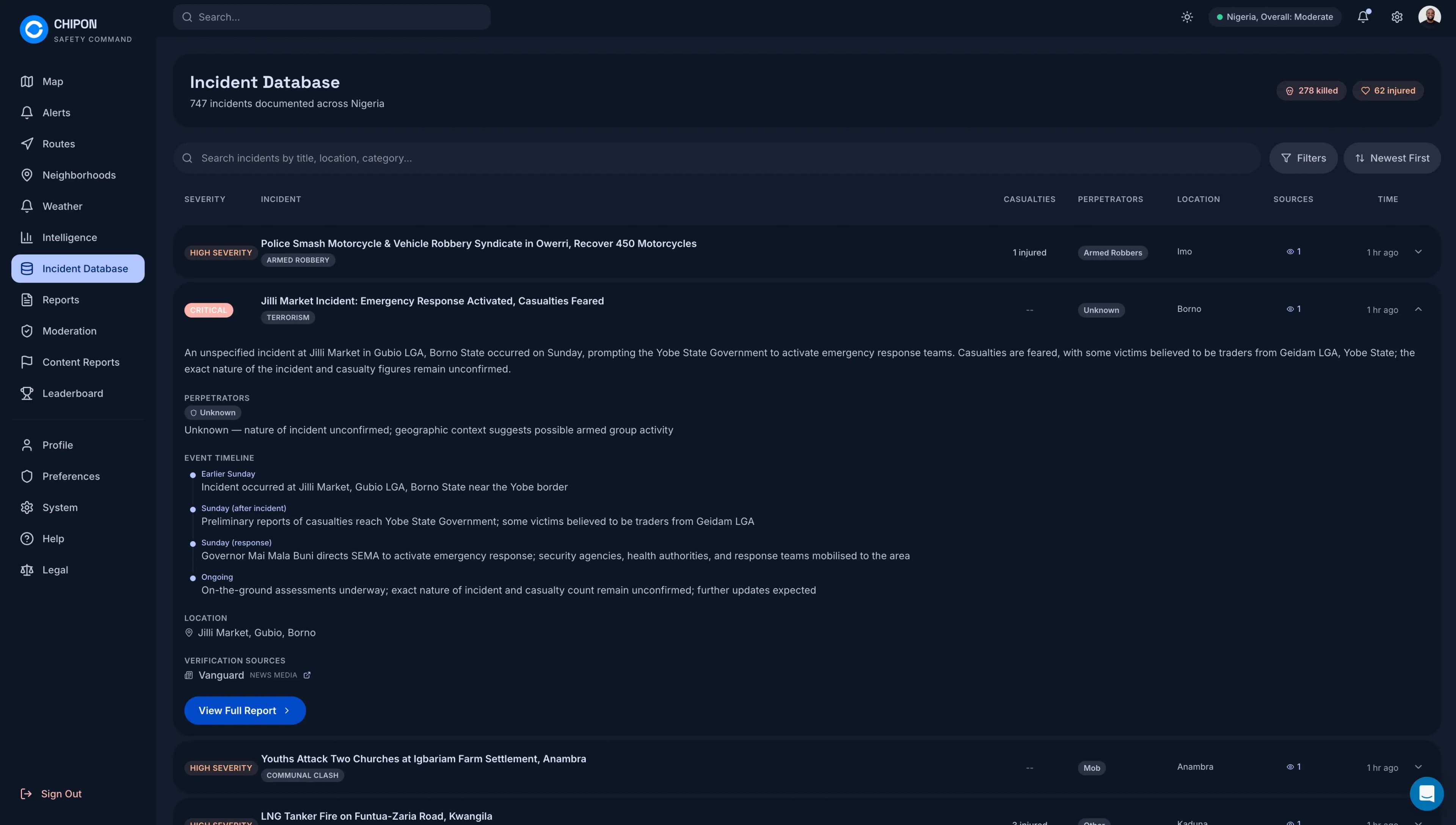 Incident history and database view